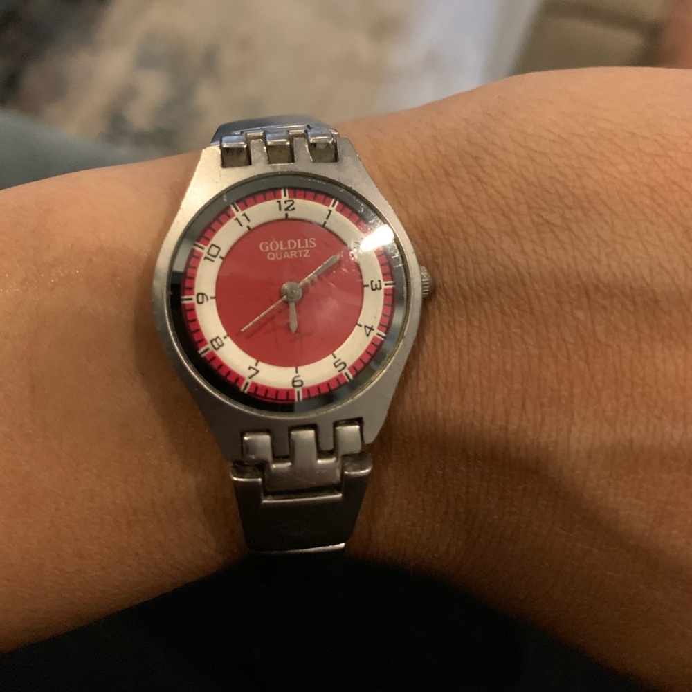 Goldis quartz stainless steel red face wristwatch